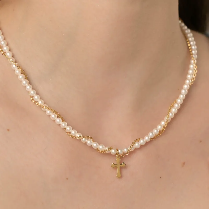 Lantisor cu Perle - Firul credintei - Model sirag perle mici impletit cu lantisor si pandantiv cruce - Argint 925 placat cu Aur Galben 18K picture - 7