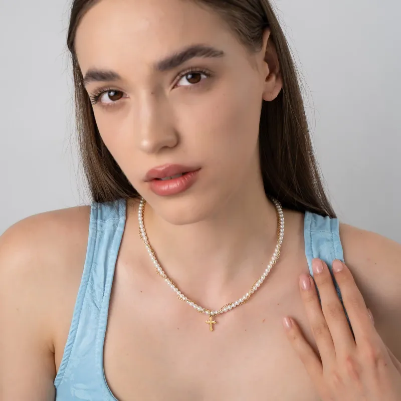 Lantisor cu Perle - Firul credintei - Model sirag perle mici impletit cu lantisor si pandantiv cruce - Argint 925 placat cu Aur Galben 18K picture - 2