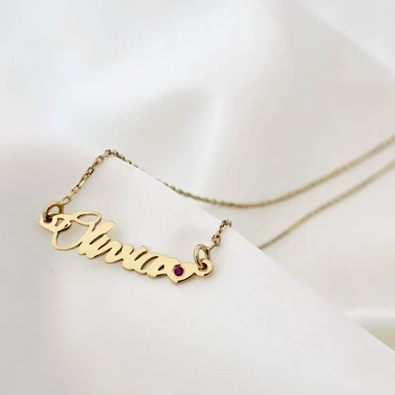 Lantisor personalizat cu Nume si Inima decorata cu rubin - Argint 925 placat cu Aur Galben 18k picture - 3