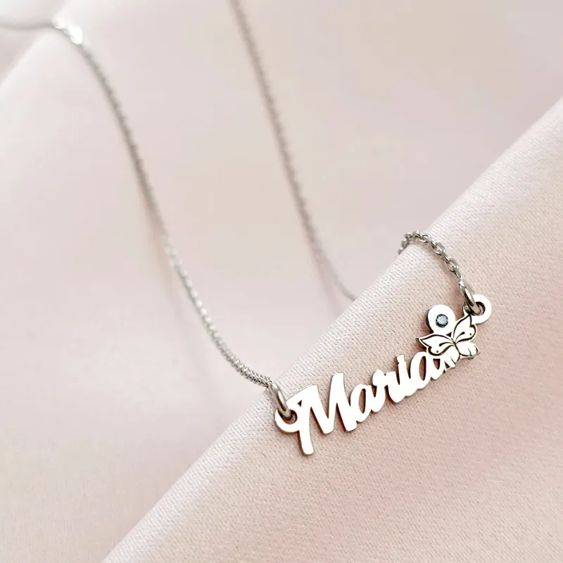 Lantisor personalizat cu Nume, simbol fluture si Diamant natural - Argint 925 Rodiat picture - 2