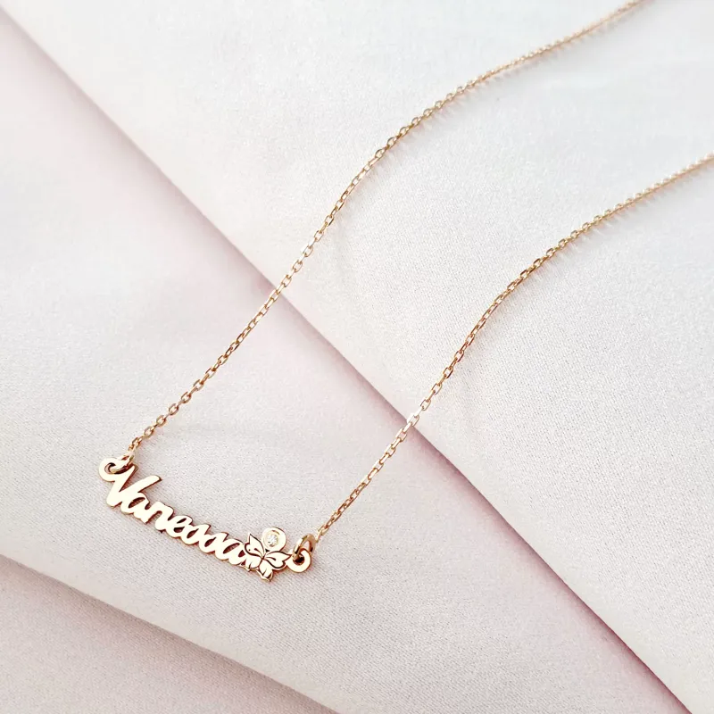 Lantisor personalizat cu Nume, simbol fluture si Diamant natural - Argint 925 placat cu Aur Roz 18K picture - 2