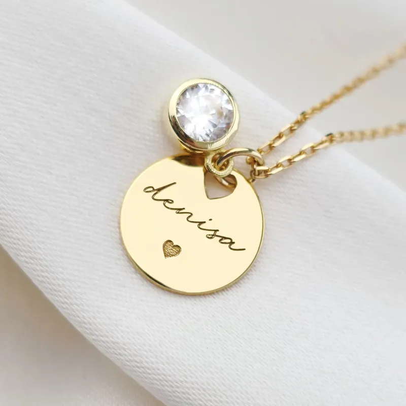 Lantisor Zirconia Charm - Pandantiv cu Nume si Simbol Inima - Argint placat cu Aur Galben 18K