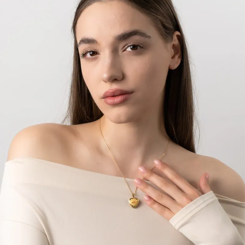 Medalion inima cu poze in interior - Pink Butterfly Bloom - Argint 925 placat cu Aur Galben 18K picture - 2