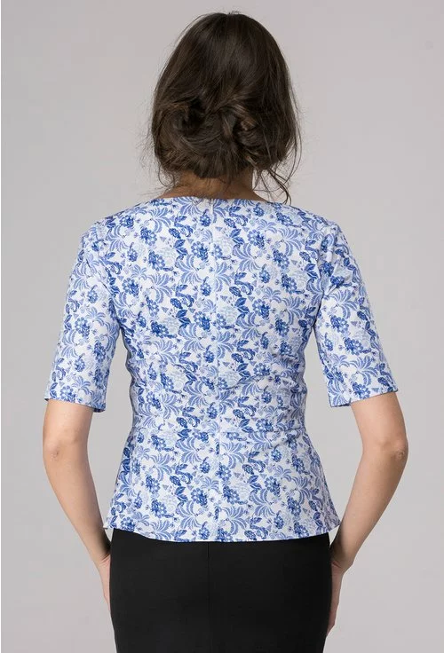 Bluza alba din bumbac cu imprimeu floral albastru Talia