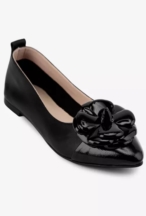 Balerini negri din piele cu ornament floare