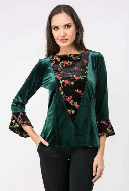 Bluza din catifea, verde smarald cu negru si broderie florala colorata Sonia