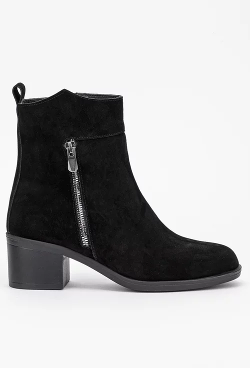 Botine dama negre din piele intoarsa cu fermoar decorativ