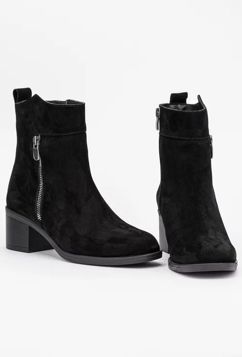 Botine dama negre din piele intoarsa cu fermoar decorativ