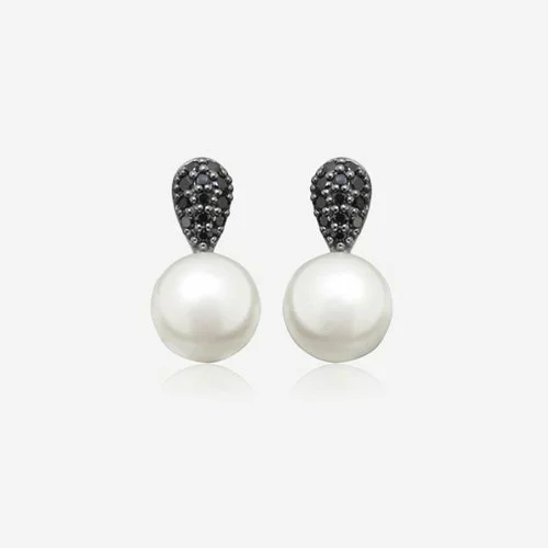 Cercei din argint cu perle de cultura albe de 8-8.5 mm si pietre de zirconiu negre 74498