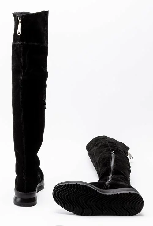 deficit Canada Lull Cizme negre peste genunchi din piele naturala intoarsa - Dasha.ro