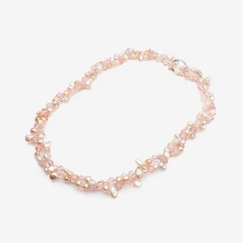 Colier cu perle de cultura roz piersica si cristale roz 124985