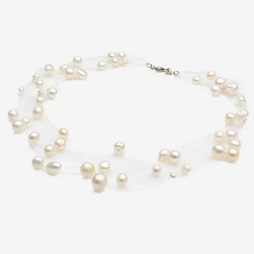 Colier din perle de cultura alb-sidefat, pe fir transparent 74282
