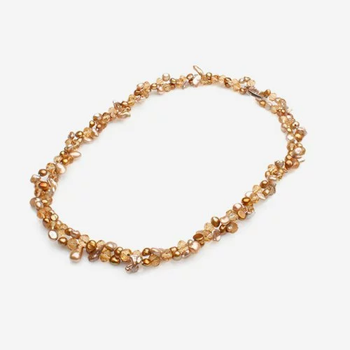 Colier din perle de culura aurii sidefate si cristale aurii 125071