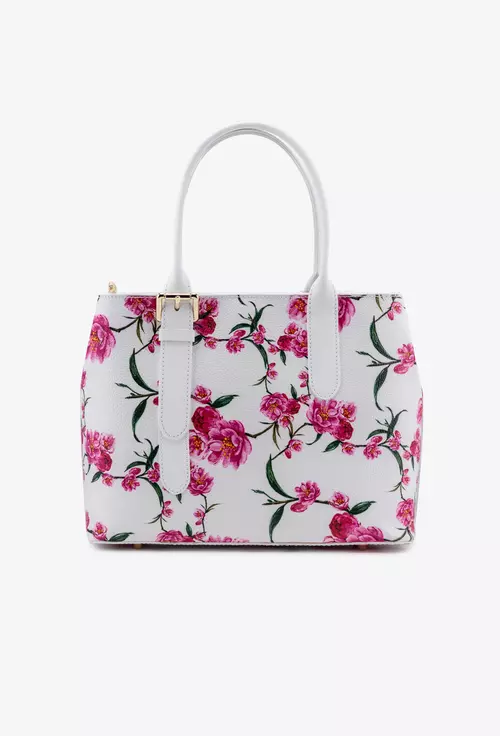 Geanta alba din piele cu imprimeu floral si doua compartimente