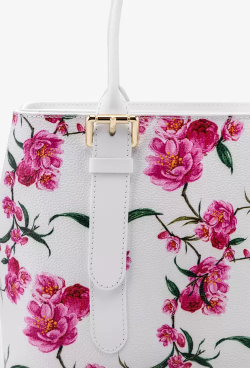 Geanta alba din piele cu imprimeu floral si doua compartimente