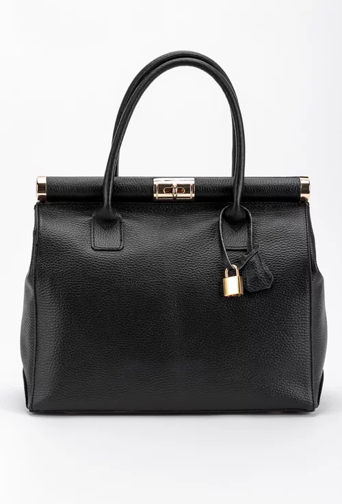 Geanta neagra din piele cu ornament lacat