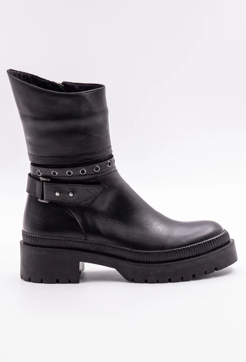 Ghete negre din piele box cu detaliu curea si talpa zimtata
