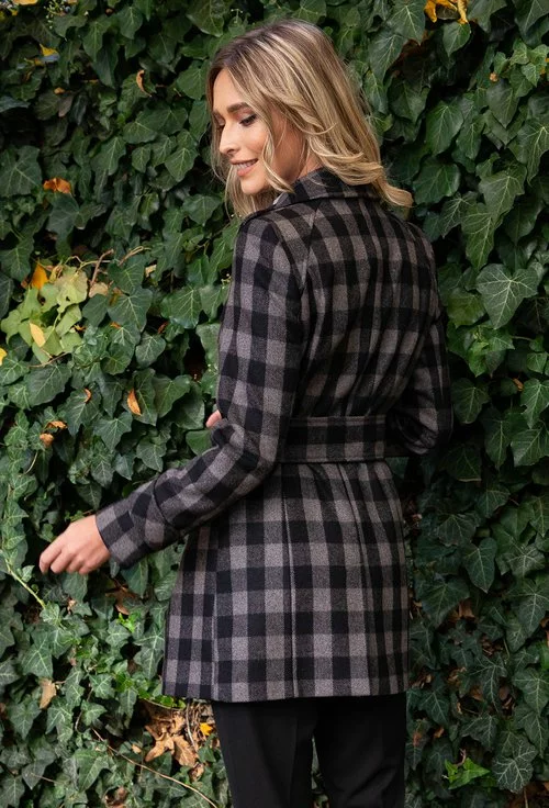 Palton din lana negru cu gri in carouri