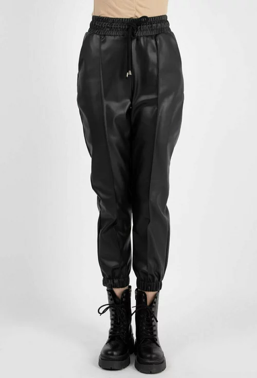 Pantaloni negri din piele ecologica cu snur si elastic