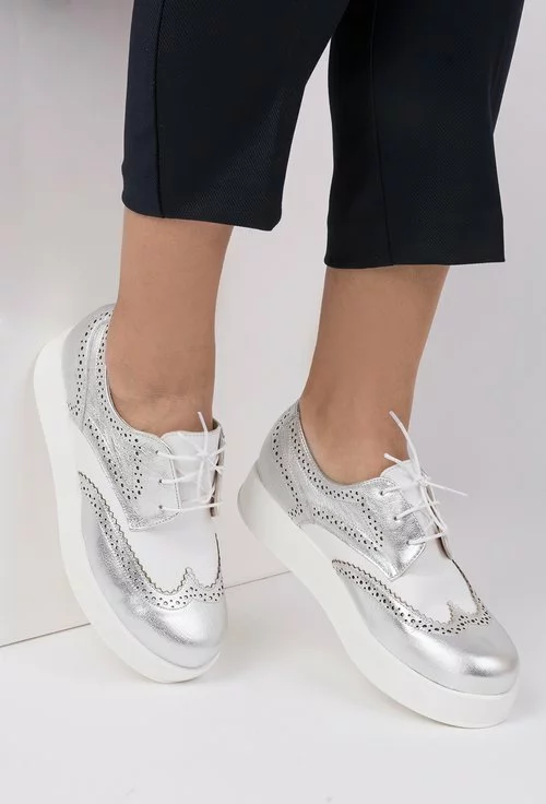 Pantofi alb cu argintiu din piele naturala Arisa