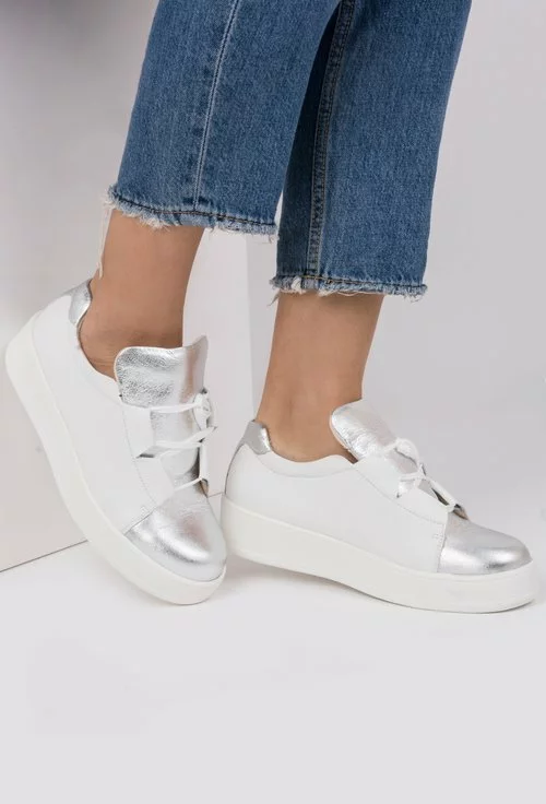 Pantofi alb cu argintiu din piele naturala Silver