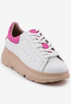 Pantofi albi cu detaliu roz din piele