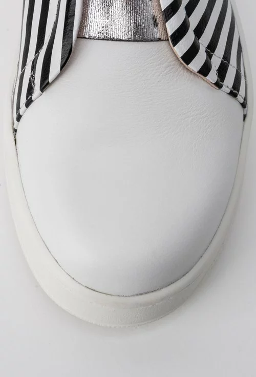 Pantofi albi cu dungi negre din piele naturala Glorya