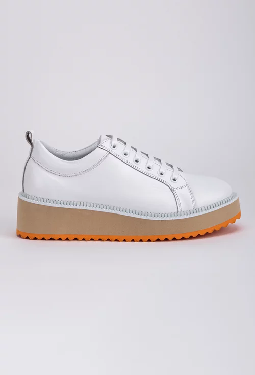 Pantofi albi din piele cu detaliu portocaliu