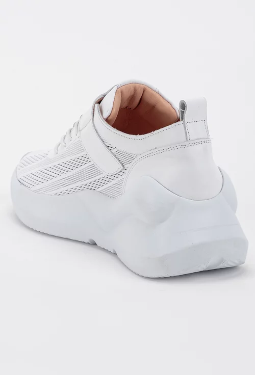 Pantofi albi din piele naturala cu siret si velcro