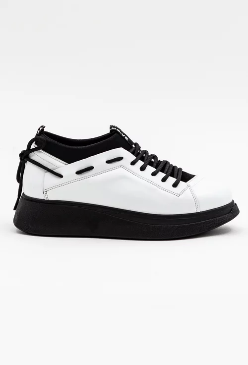 Pantofi albi din piele si material textil cu detalii negre