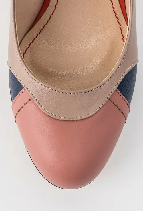 Pantofi bej cu roz somon si bleumarin din piele naturala Alma