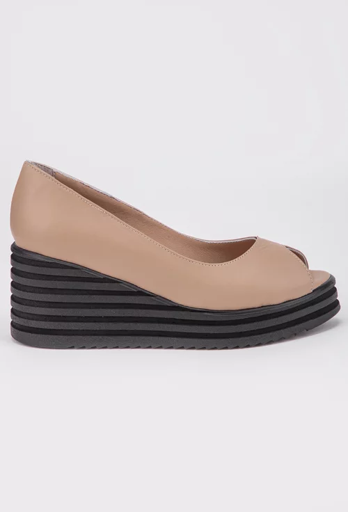 Pantofi bej din piele tip Peep toes