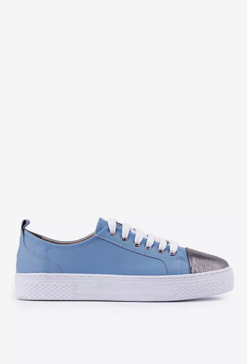 Pantofi bleu cu argintiu din piele cu siret