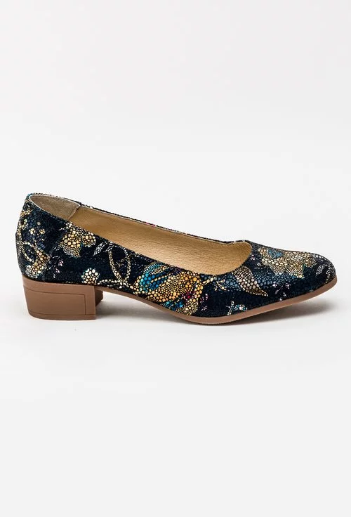 Pantofi bleumarin din piele naturala cu imprimeu floral colorat Rafaela