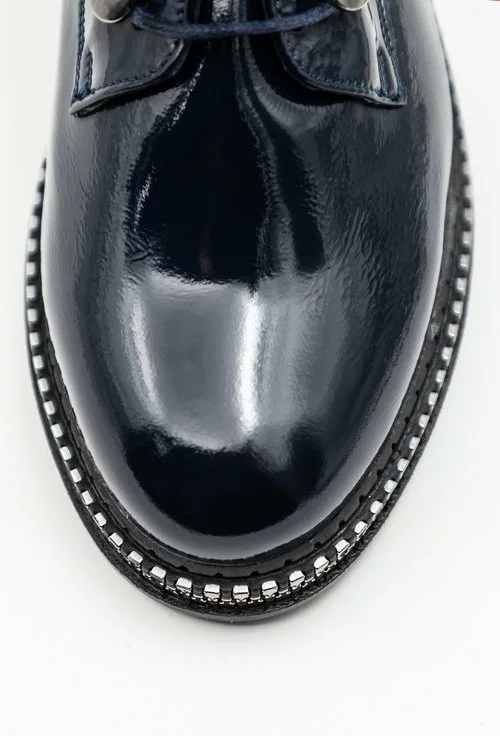Pantofi bleumarin din piele naturala lacuita cu detaliu cu fermoar