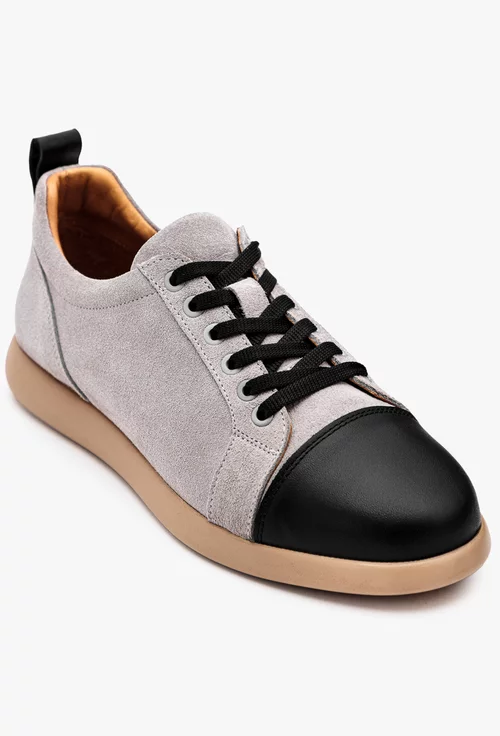 Pantofi casual din piele intoarsa gri cu detaliu negru