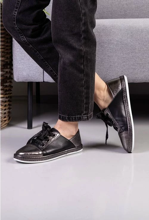 Pantofi casual din piele naturala in nuante de gri metalizat si negru