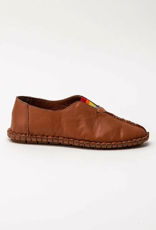 Pantofi casual maro din piele cu elastic colorat