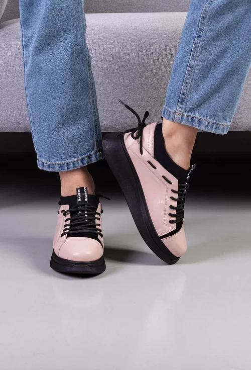 Pantofi din piele naturala si material textil roz cu negru