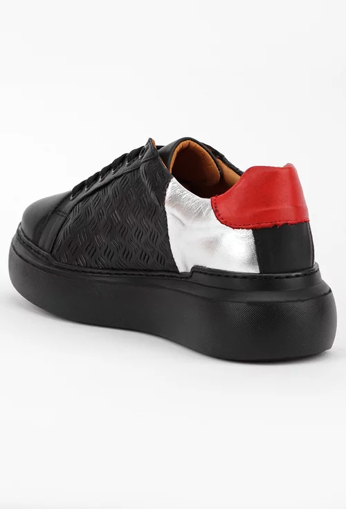 Pantofi din piele neagra cu insertii piele argintie si rosie