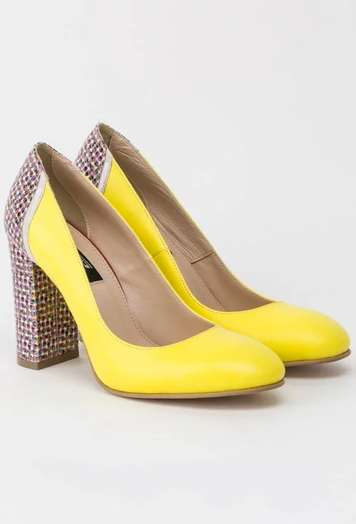 Pantofi galben-neon din piele naturala cu imprimeu colorat Julia