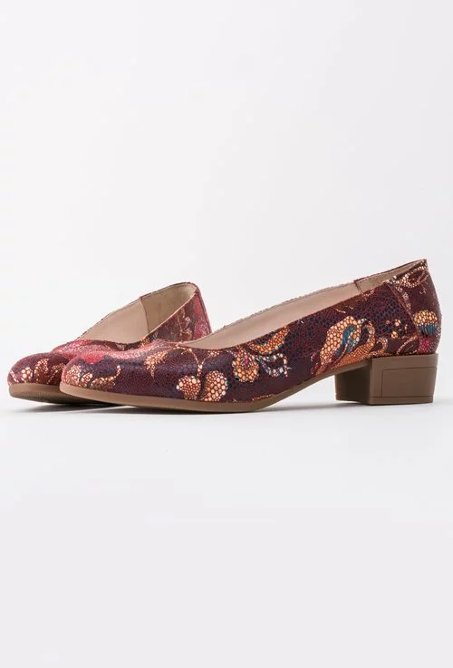 Pantofi grena din piele naturala cu imprimeu floral colorat Rafaela