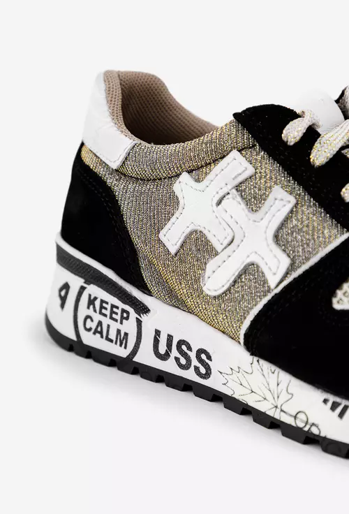 Pantofi KeepCalm negri cu auriu din piele si material