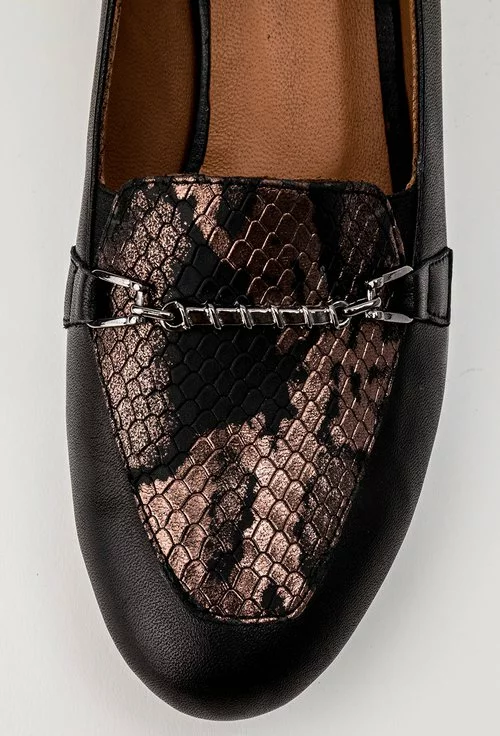 Pantofi negri din piele naturala cu detaliu snake print Genda