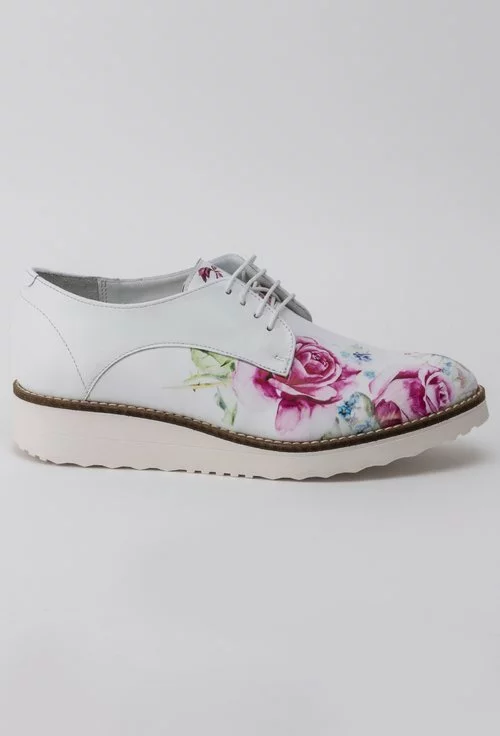 Pantofi Oxford albi cu imprimeu floral colorat din piele naturala Danielle