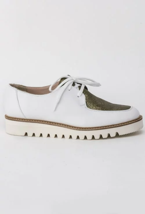 Pantofi Oxford albi din piele naturala in combinatie cu kaki metalizat Donna