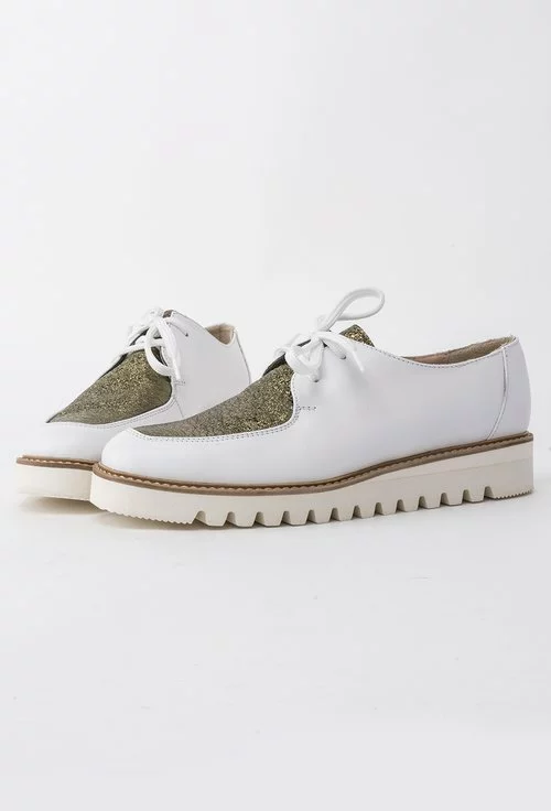 Pantofi Oxford albi din piele naturala in combinatie cu kaki metalizat Donna