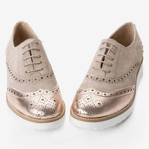 Pantofi Oxford bej cu bronz auriu din piele naturala Regine