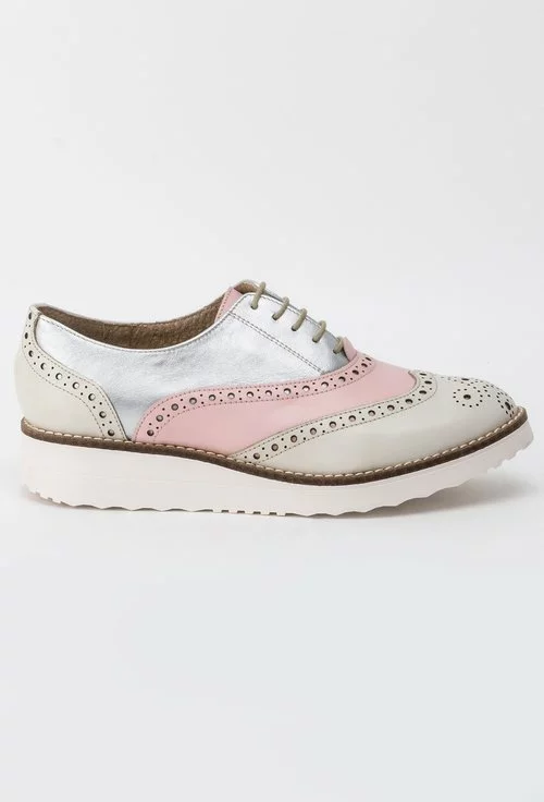 Pantofi Oxford crem cu roz si argintiu din piele naturala Ailyn