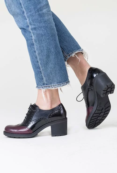 Pantofi Oxford cu toc, negru cu bordo si bleumarin Loria